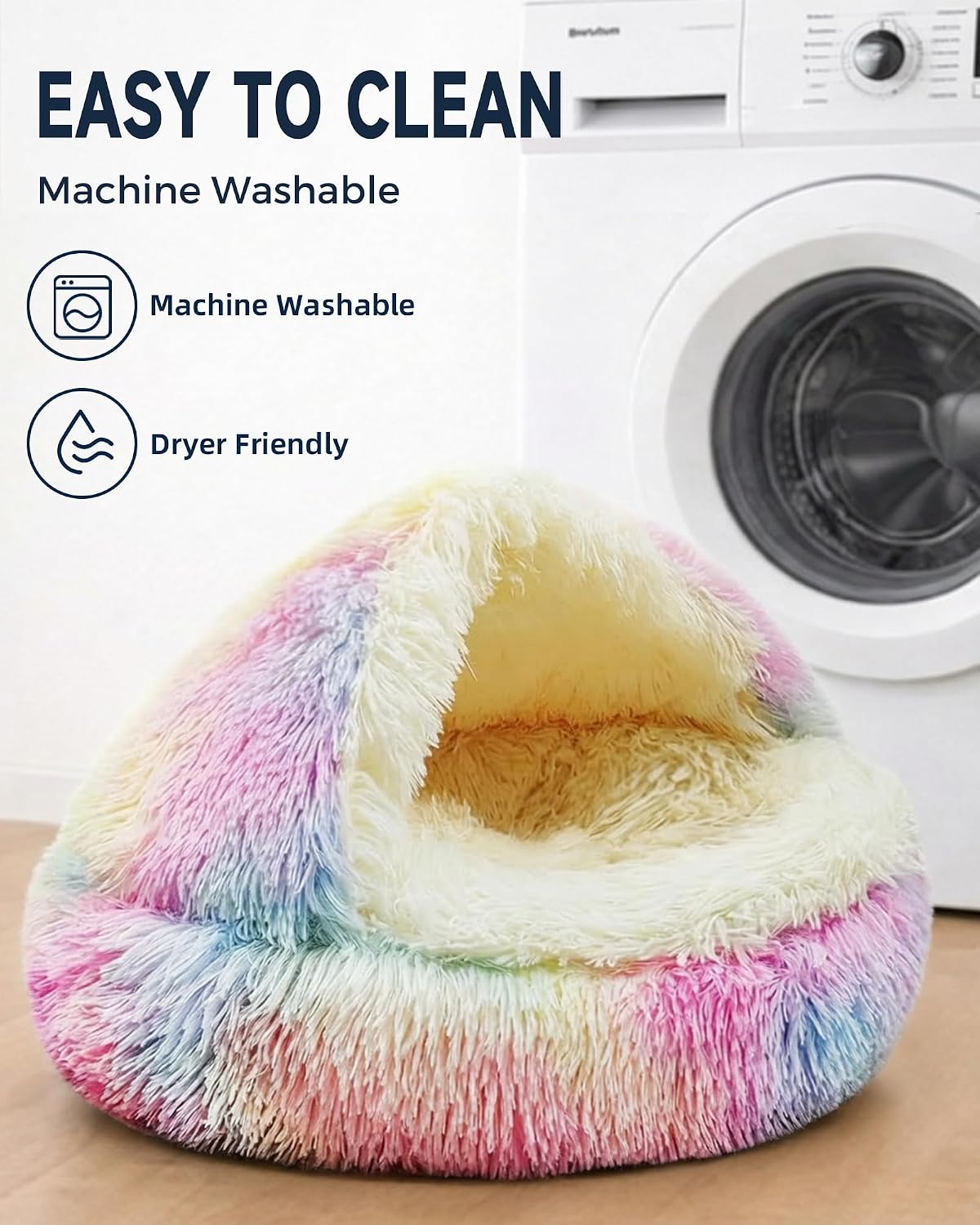 ShinHye Cat Bed Round Plush Fluffy Hooded Cave, 23×23inch, Multicolor
