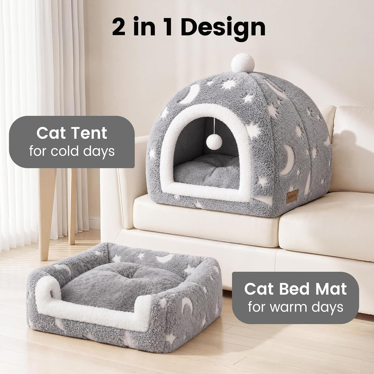 Glow in the Dark Cat Cave Bed, 2-in-1 Foldable Indoor Cat Tent Cat House