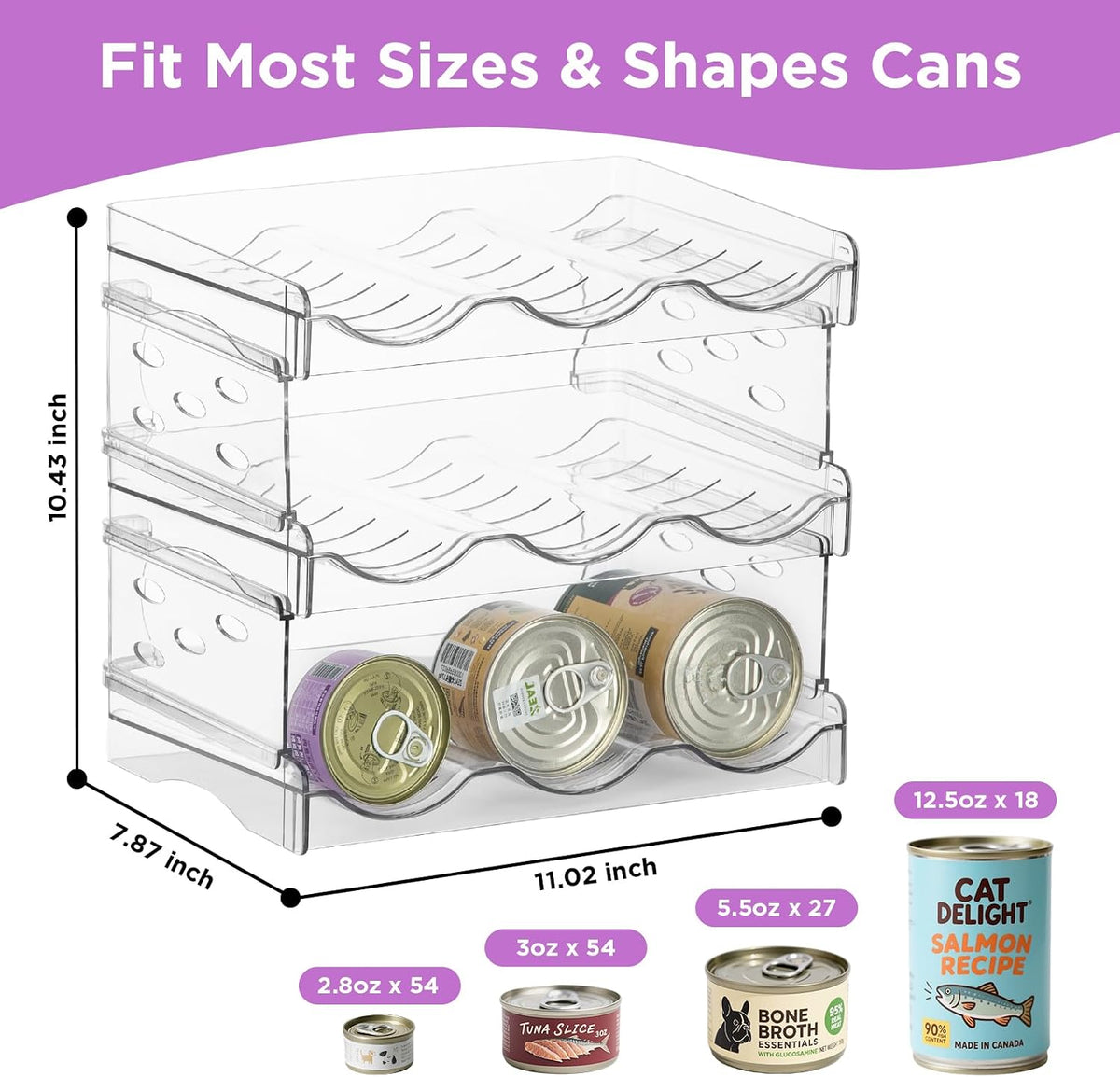 REFLYING Cat Food Can Organizer 3-Tier Holds 54 Cans 3.5oz Clear