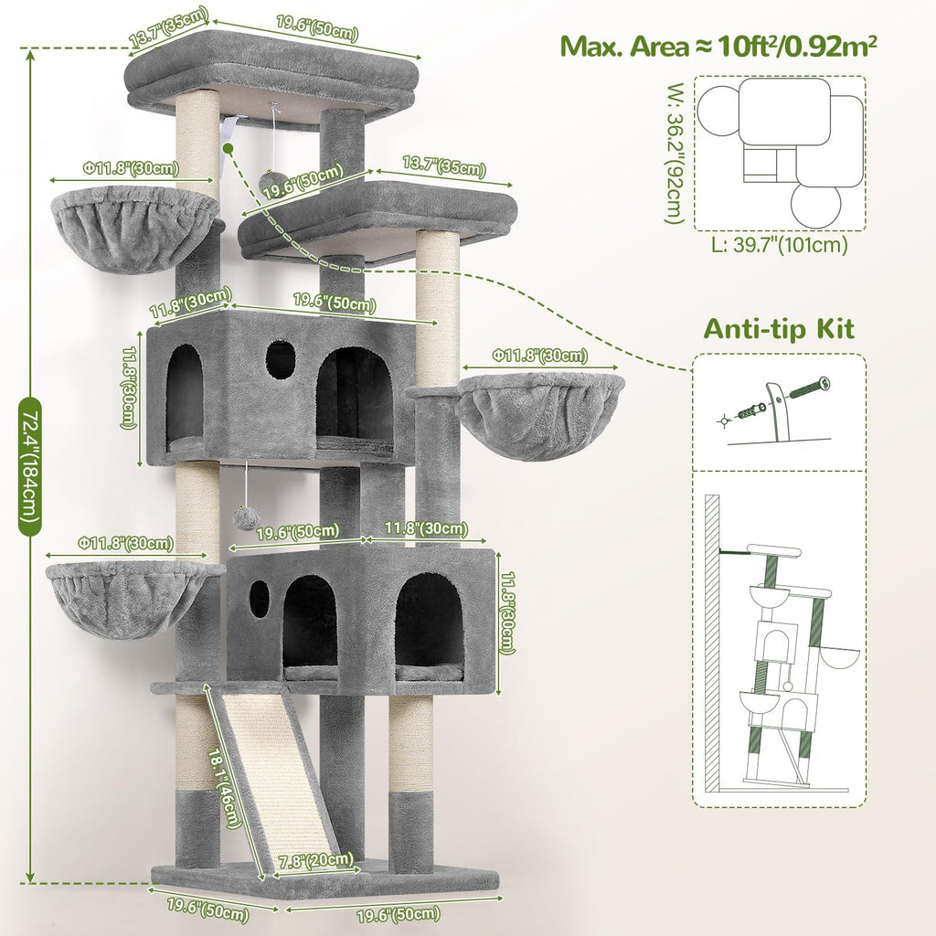 Globlazer Large Cat Tree 72in Tall Cat Climbing Tower, F72G, Light Grey