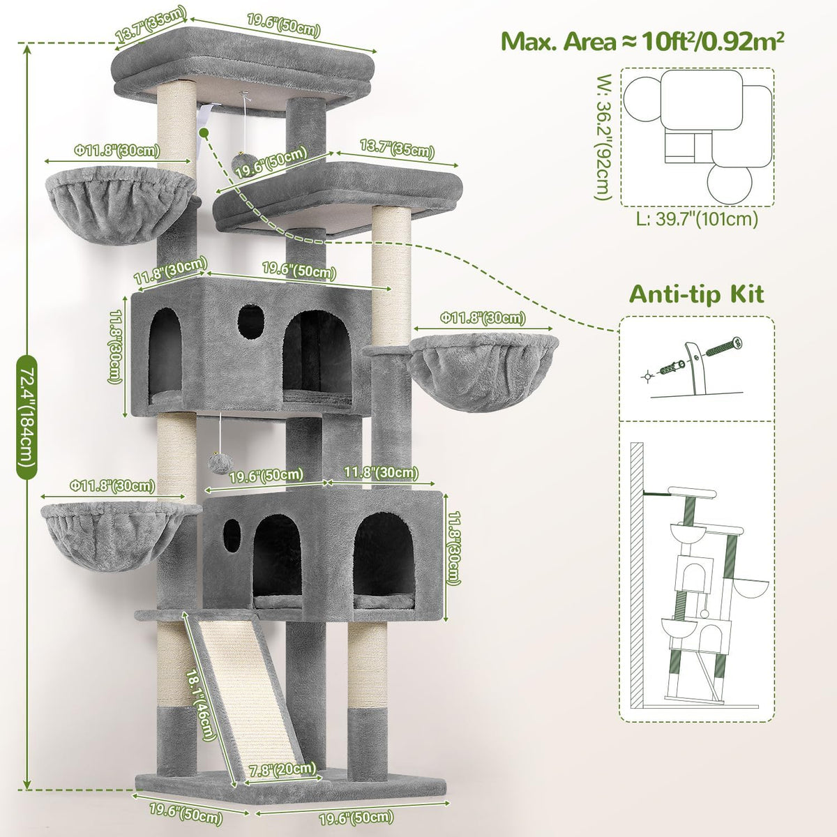 Globlazer Large Cat Tree 72in Tall Cat Climbing Tower, F72G, Light Grey