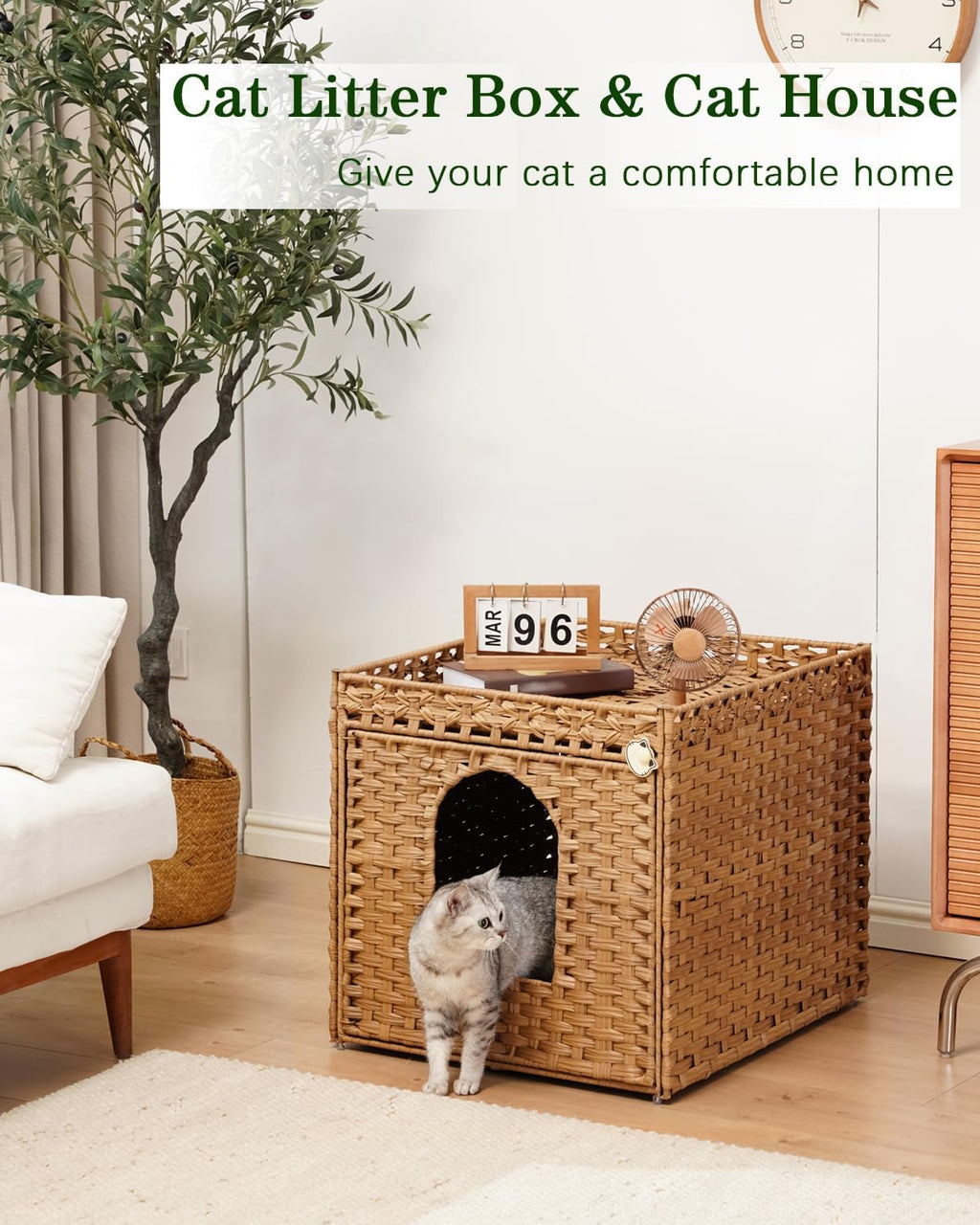 SETVSON Cat Litter Box Enclosure Furniture, Large PE Rattan Cabinet,Natural