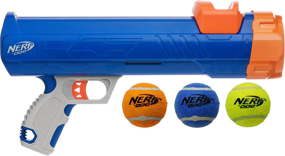 Nerf Dog Compact Tennis Ball Blaster Dog Toy, Great for Fetch, Hands-Free Reload, Launches up to 50 ft, Single Unit, Includes 3 Nerf Balls & Bag, Blue/Orange, Model: 5205