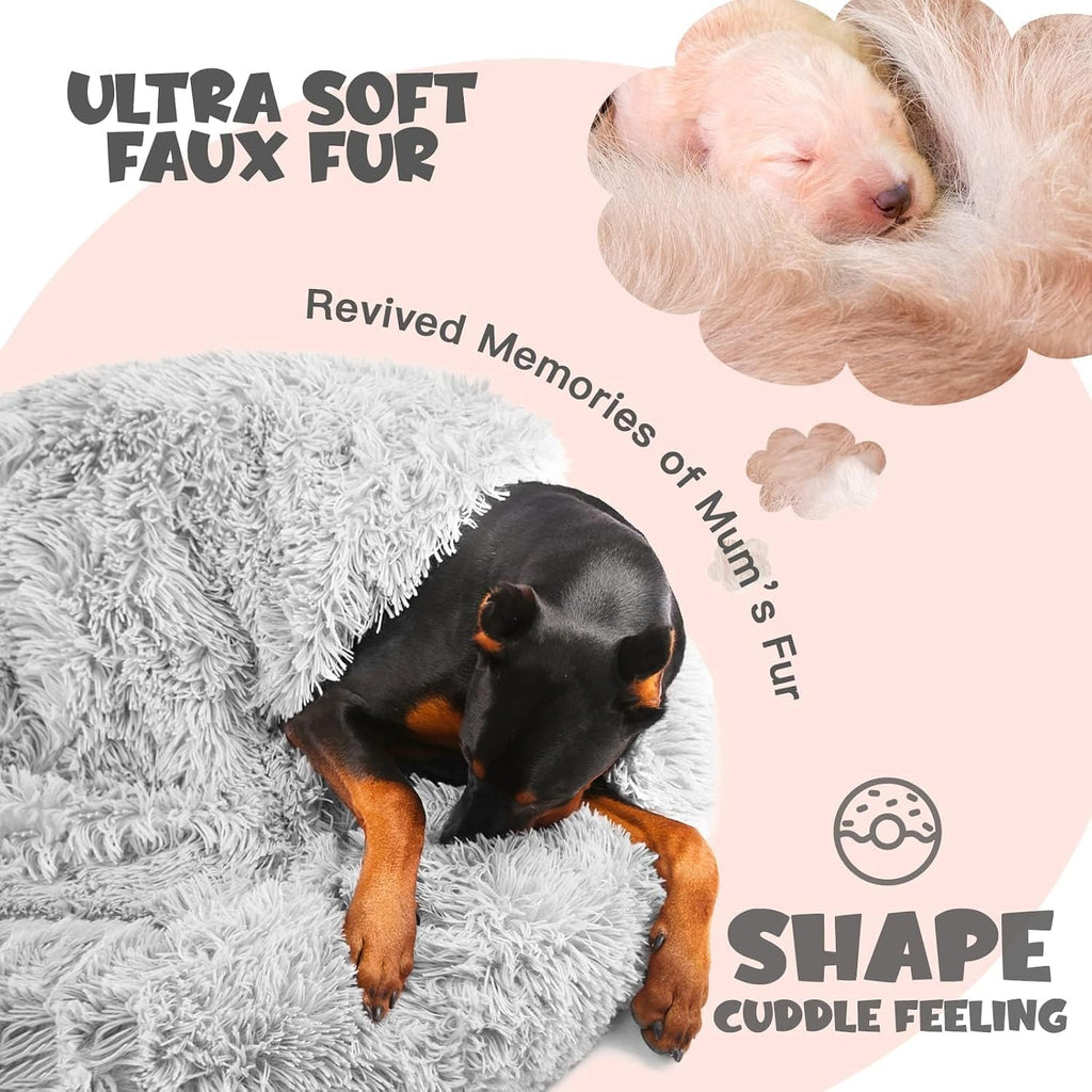 Himax Covered Large Dog Bed with Blanket Attached Calming Burrow Light Grey