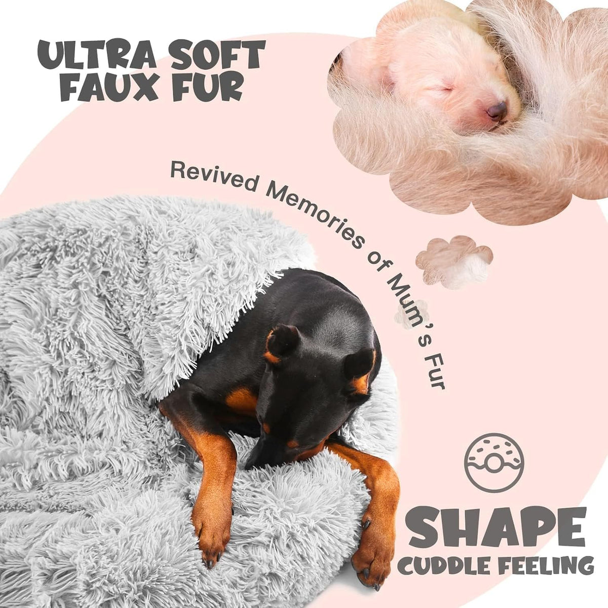 Himax Covered Large Dog Bed with Blanket Attached Calming Burrow Light Grey