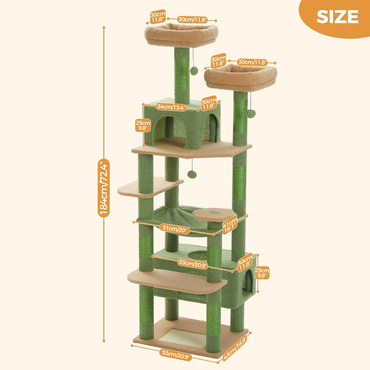 PAWZ Road 72" Cactus Cat Tree Tall Tower with Hammock&Condo for Large Cats