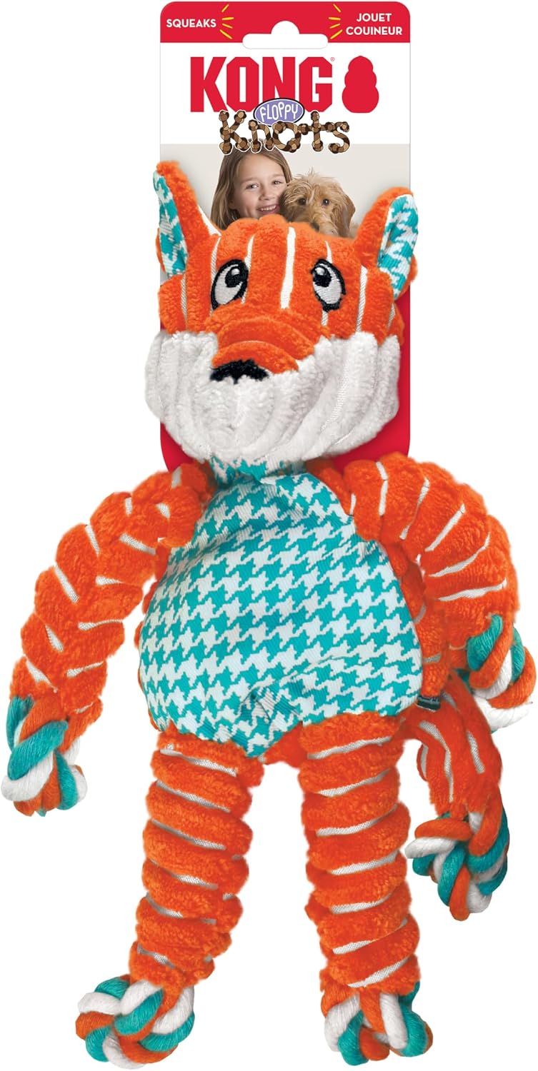 KONG Floppy Knots Rope and Plush Dog Toy, Fox, Medium/Large | Knotted Rope & Plush Toy with Minimal Stuffing & a Squeaker, Great for Teething, Tugging & Lively Play