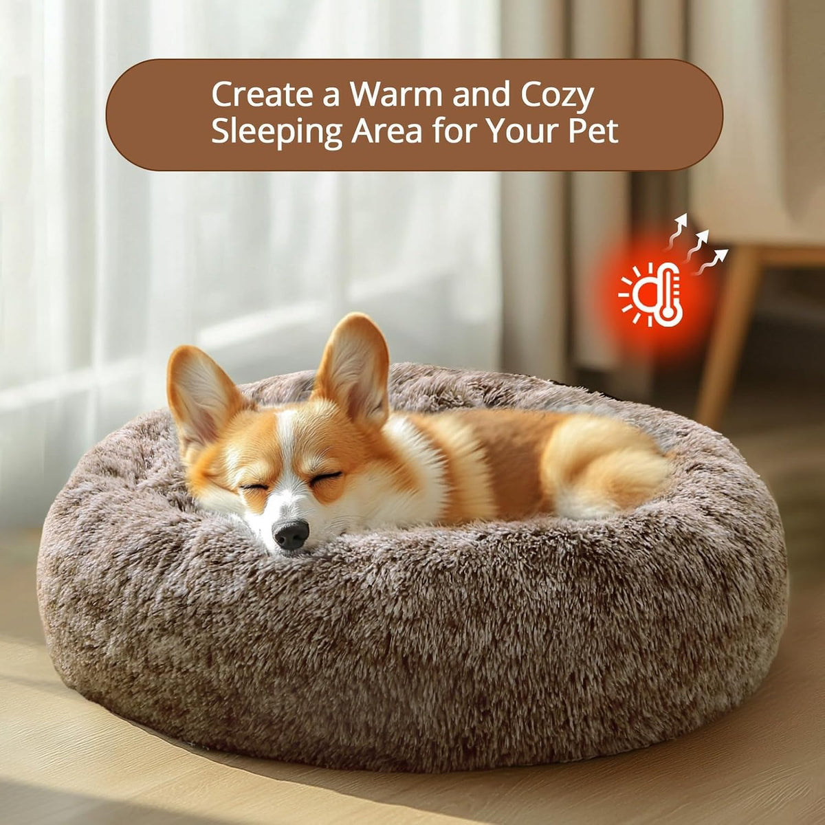 JOLLYVOGUE Calming Dog Bed Medium Size Dog, Anti-Anxiety Donut Medium Pet Bed, 27 inches Fluffy Faux Fur Round Cat Bed (Smoke Brown)