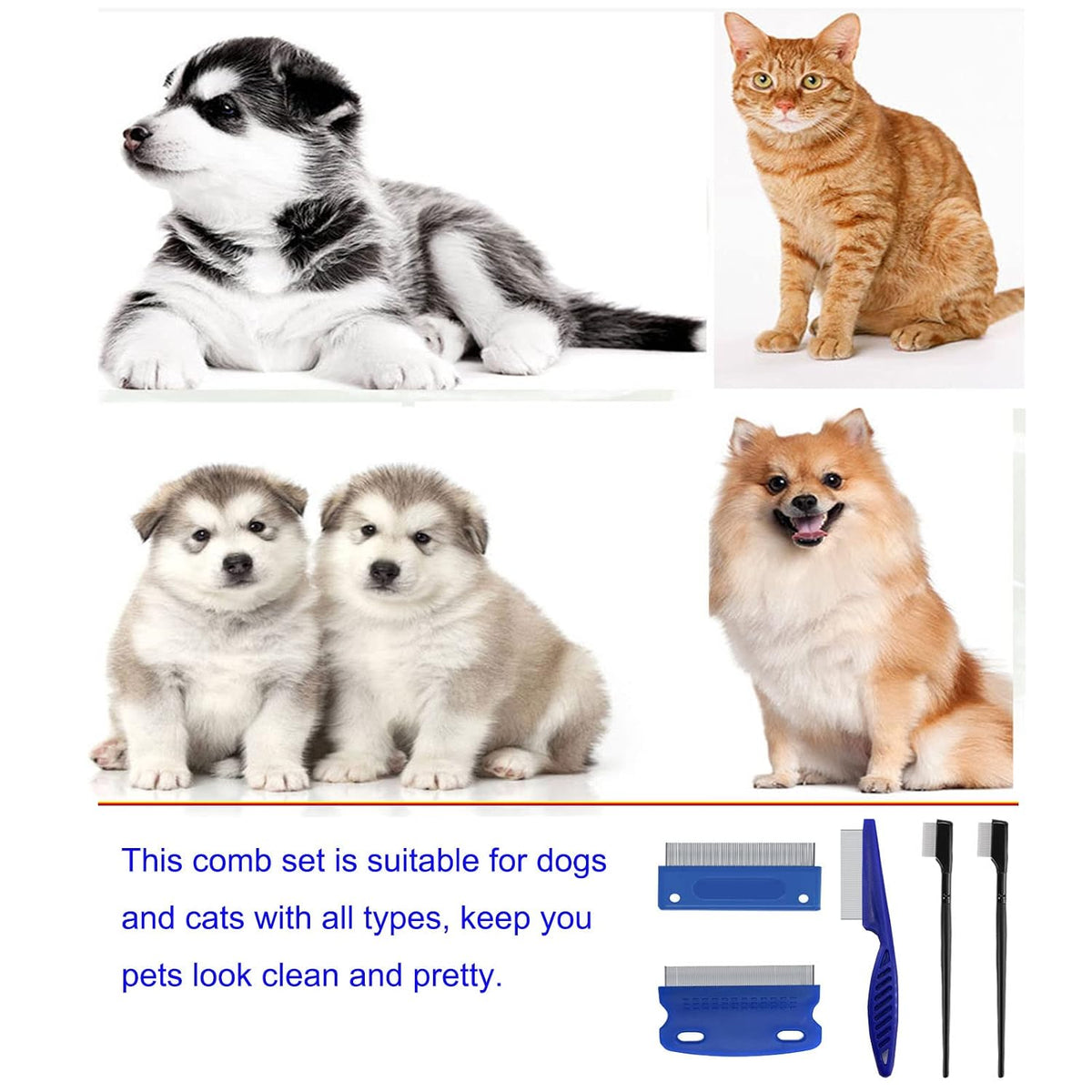 5 Pieces Grooming Combs - Tear Stain Remover for Pets, Lice and Flea Remover, Dandruff and Mucus Removal for Small Dogs and Cats