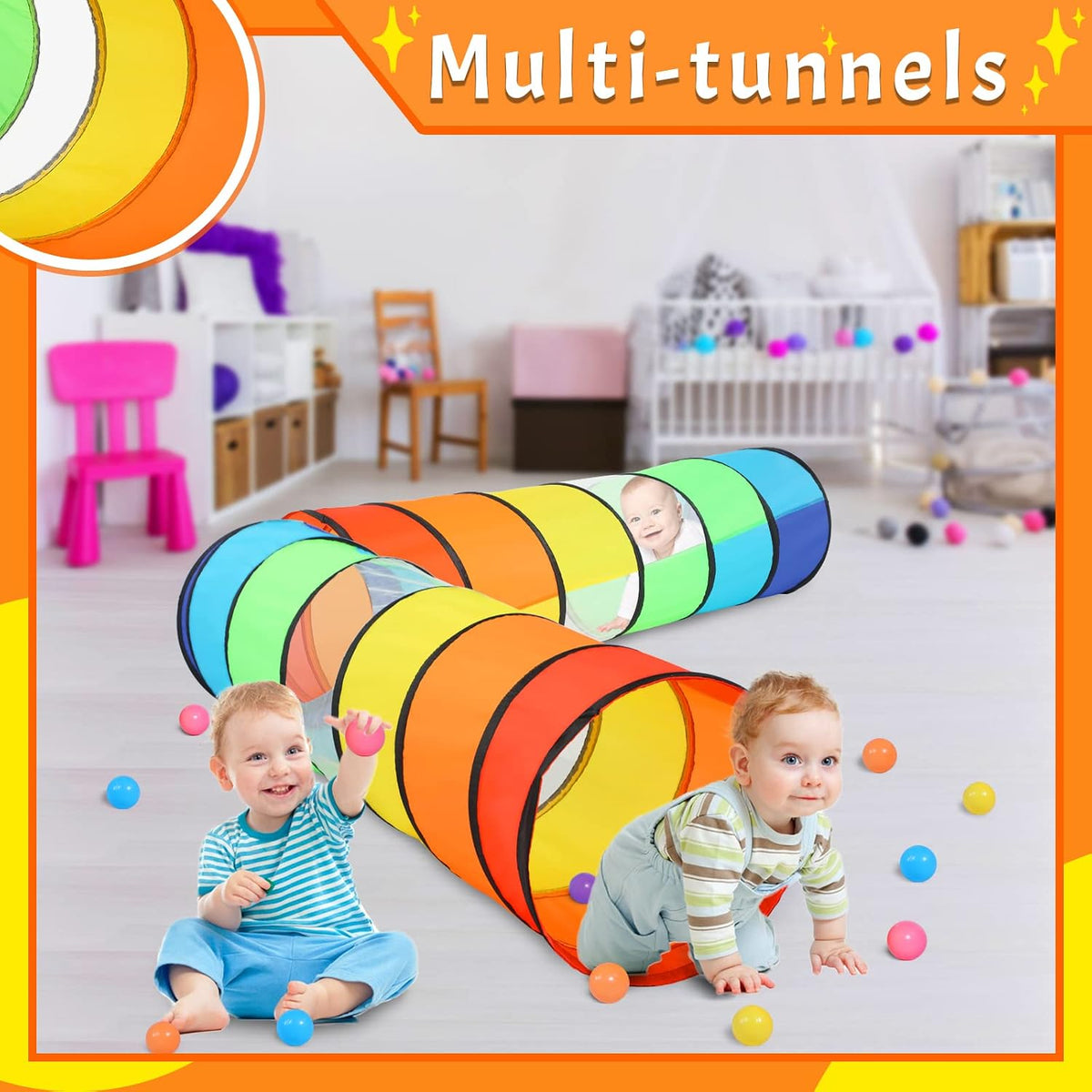 Kids Play Tunnel for Toddlers, 5.7 Foot Pop Up Crawl Through Tunnel Play Tent for Baby Infant Children or Dog with 2 Mesh Sides, Kids Tunnel Toys or Gift Indoor & Outdoor (Rainbow Crawling Tunnel)
