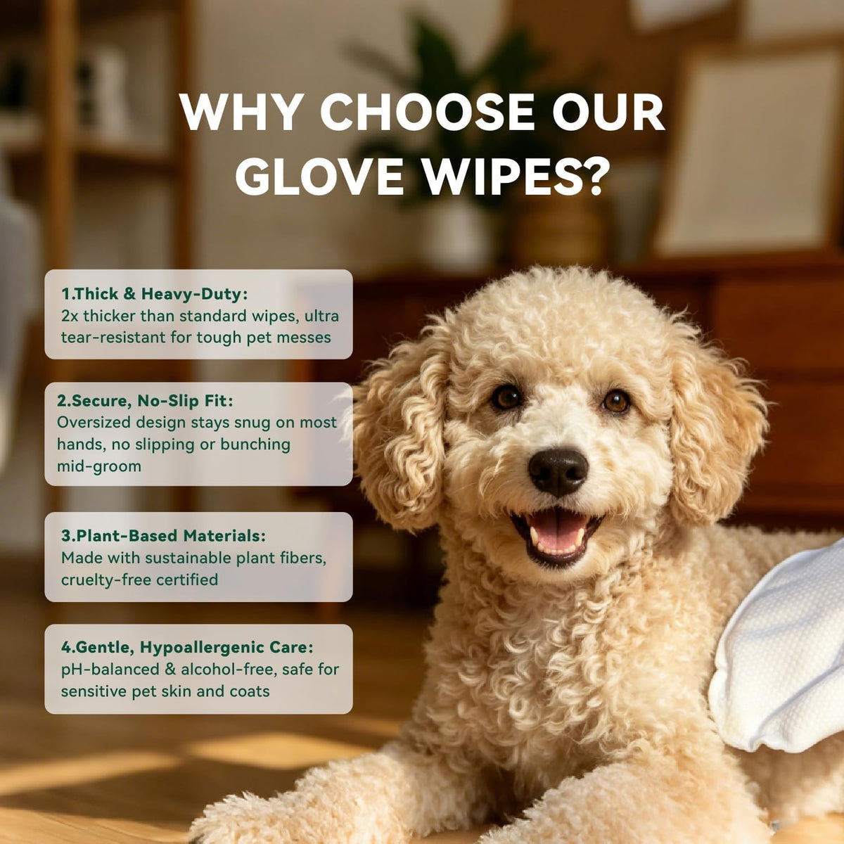 Pet Glove Wipes for Dogs & Cats, Hypoallergenic No Rinse Cleaning Grooming Gloves, Extra Thick Coconut Oil Infused Fur Nourishing & Deodorizing Wipes, 20PCS