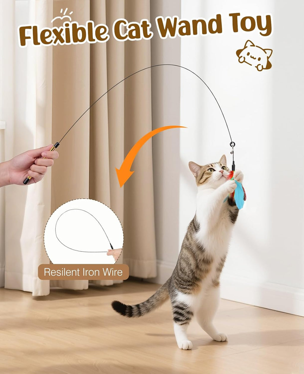 Pawaboo Cat Feather Wand Interactive Toy, 2 Feathers + 1 Wand with Bell | Cat Feather Teaser Toys Flying Catcher Extra Long 34.5" Wand Exerciser Playing Chase Cat Toy Wands for Kitten, Blue&Red Brown