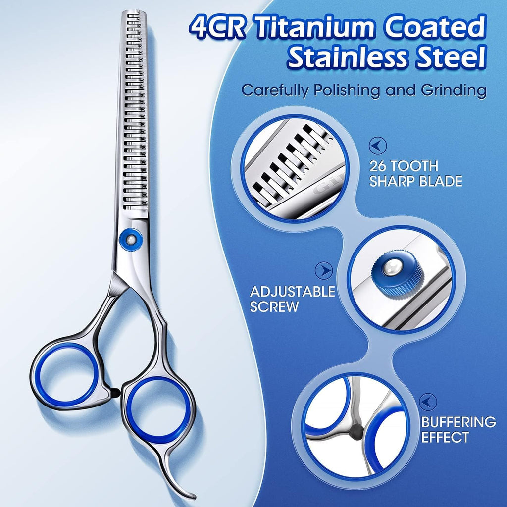 Gimars Professional 5 in 1 Grooming Scissors for Dogs 4CR with Safety Round Tip, Heavy Duty Titanium Coated Straight & Thinning & Curved Shears 