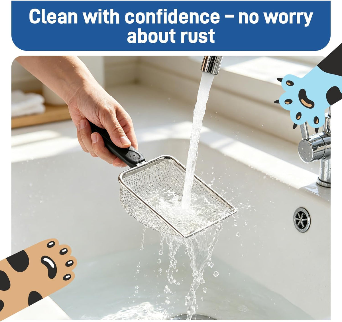 Stainless Steel Metal Cat Litter Scoop with 3.8mm Mesh, Sticky Hang Hook
