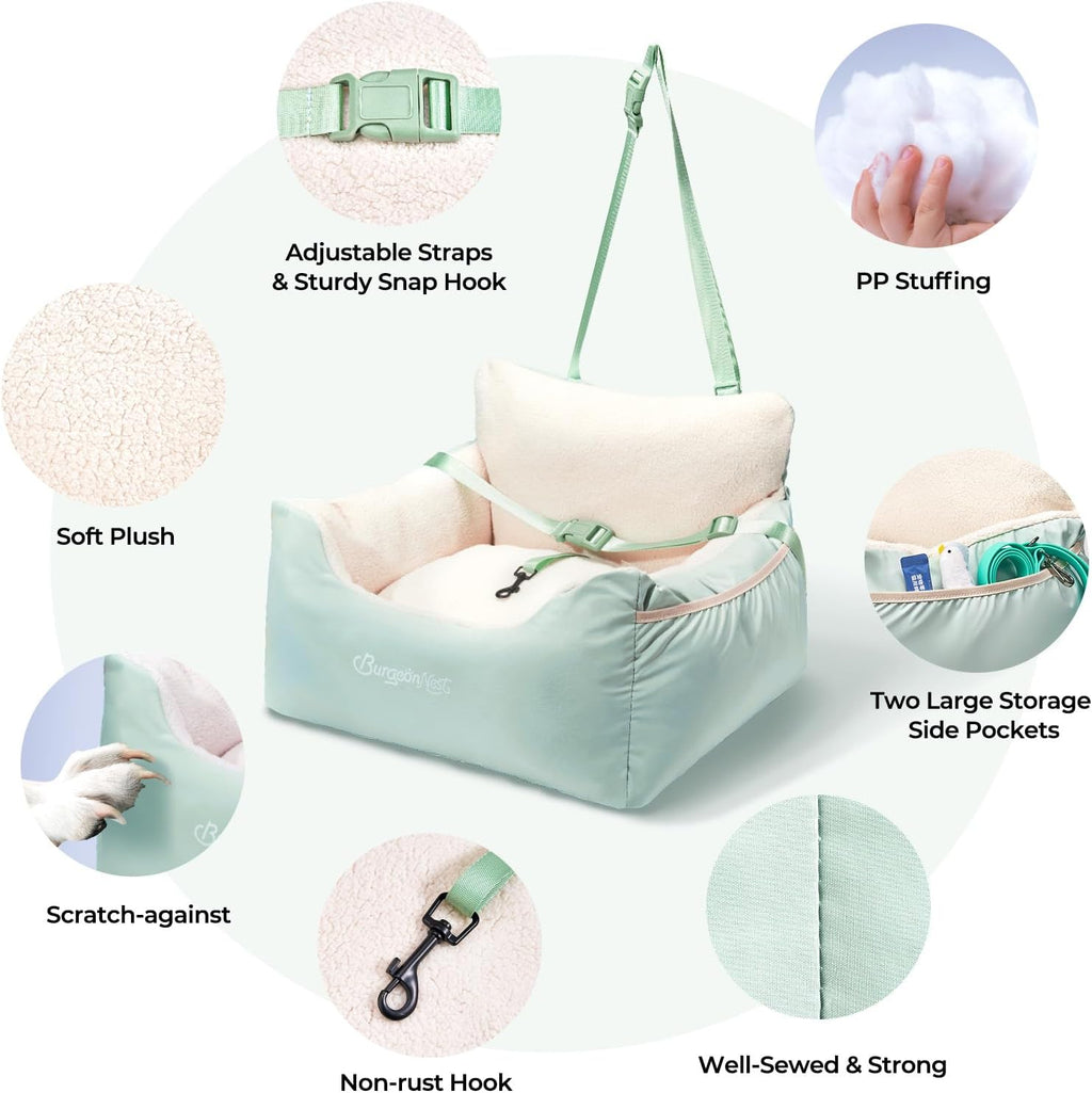 BurgeonNest Dog Car Seat for Small Dogs & Cats Under 25 lbs, Beige Green