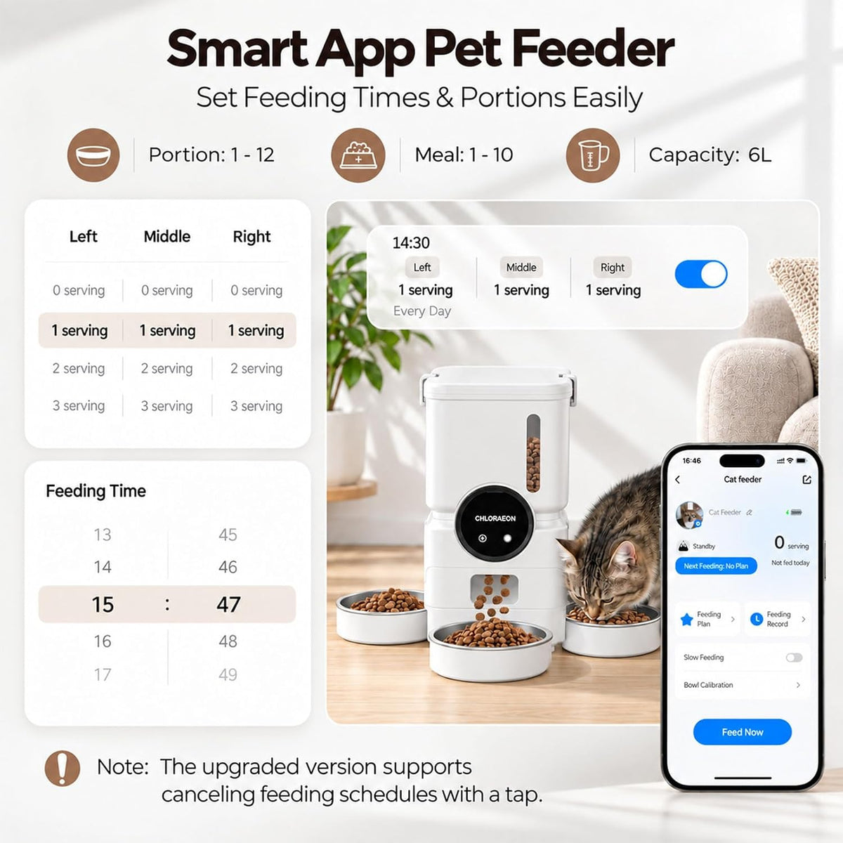 Automatic Cat Feeder for 3 Cats, 2.4GHz WiFi Slow Feed Dispenser,White
