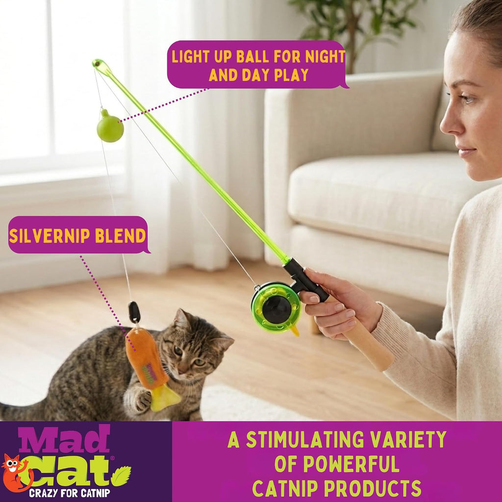 Mad Cat Go Fish Light Up Fishing Wand Teaser Cat Toy, Catnip and Silvervine