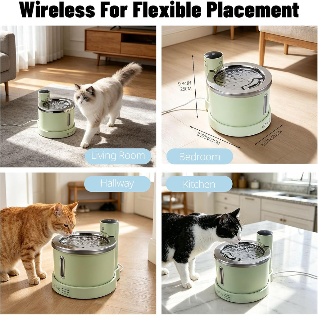 Wireless Stainless Steel Cat Water Fountain, 3L Induction Dispenser