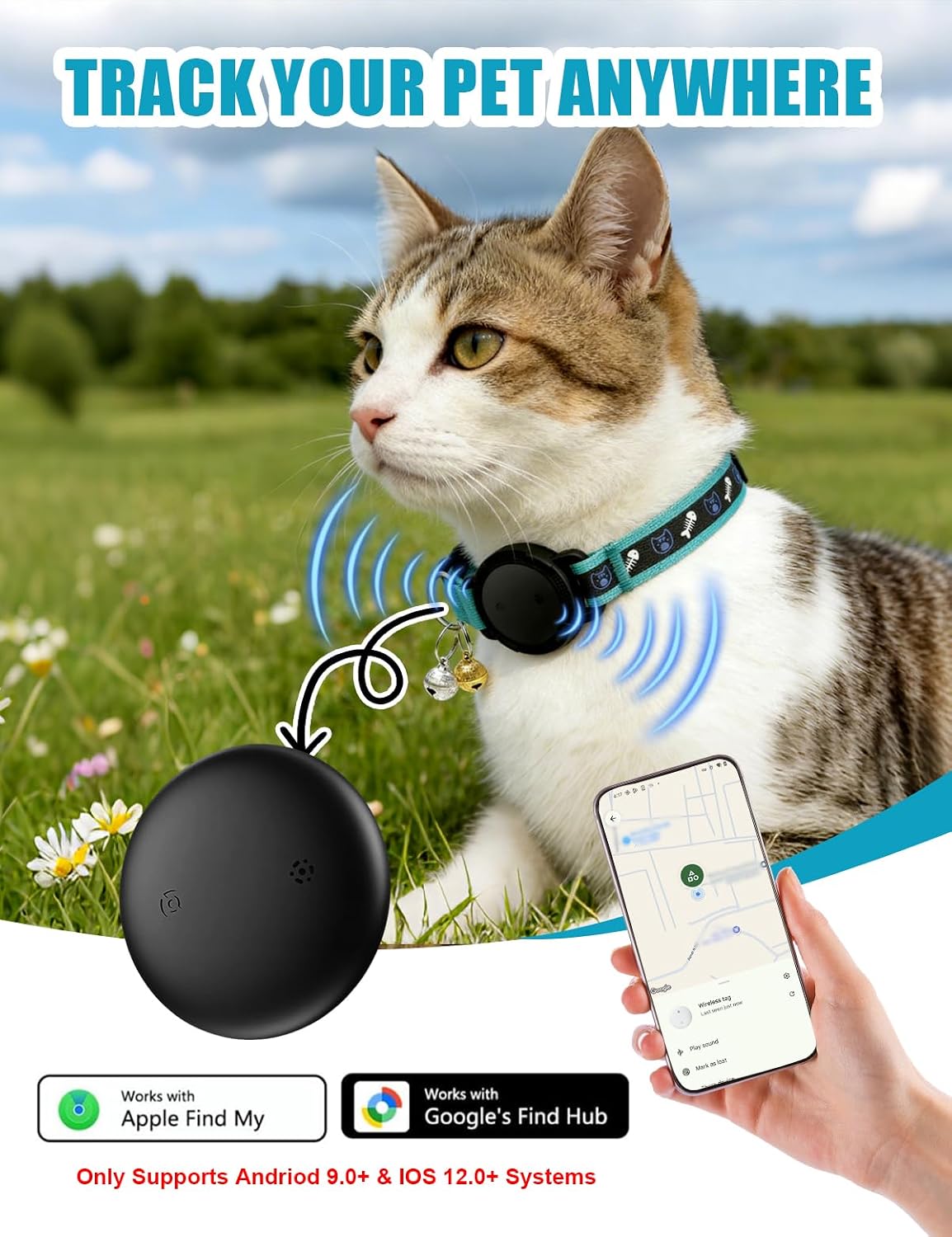 GPS Cat Tracker Collar No Subscription, Real-Time Activity Tracking Blue