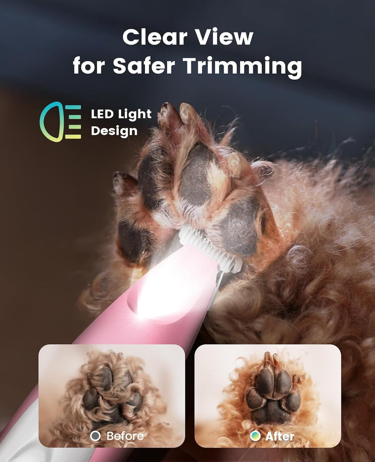 oneisall Low-Noise Dog Paw Trimmer with LED Light (Pink)