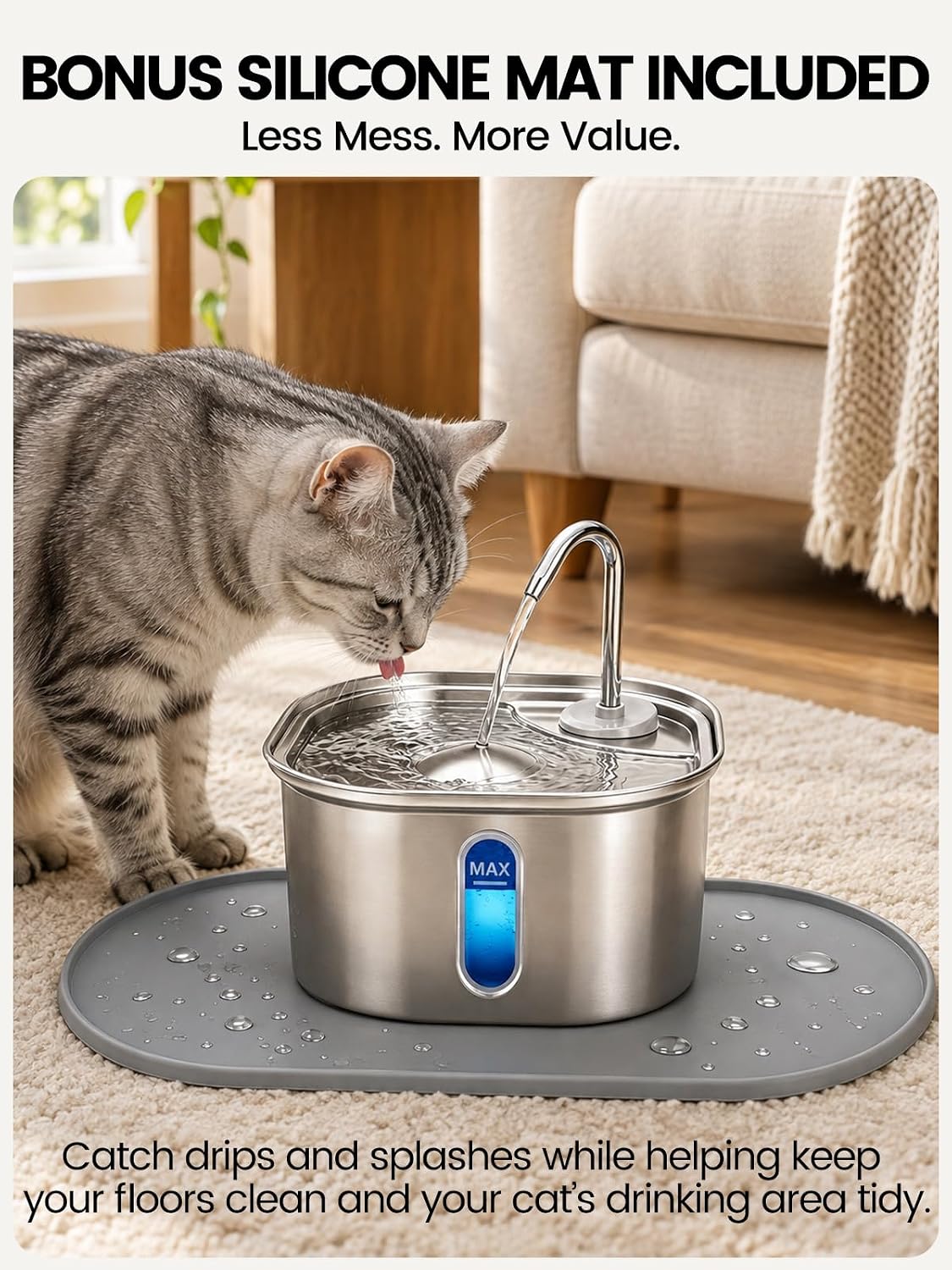 Cat Water Fountain Stainless Steel for Cats Indoor 2.5L 85oz by BPA-free SUS304, Effective 6-Layer Filter Cat Fountain for Drinking 20dB Ultra Quiet Metal Pet Water Fountain (Fountain108oz+4Filters+Mat)