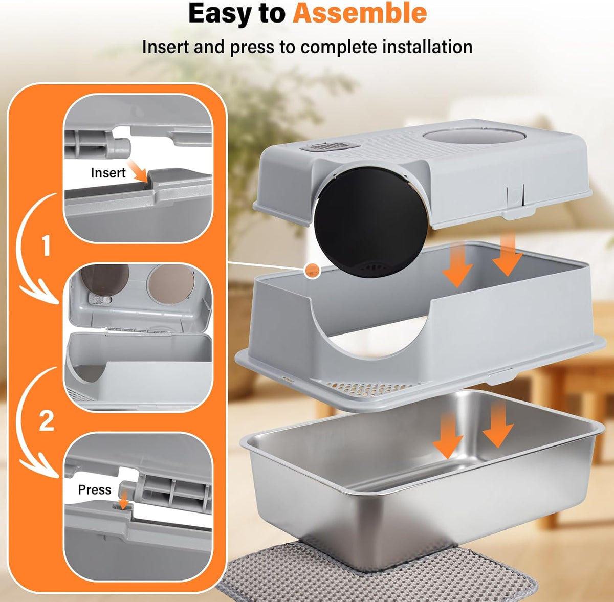 Stainless Steel Litter Box with Lid,Extra Large Enclosed cat Litter Box | Enclosed Metal litterbox with Flip Top,Front and Top Entry,Anti-Leakage,Easy Cleaning,Includes Scoop & Mat