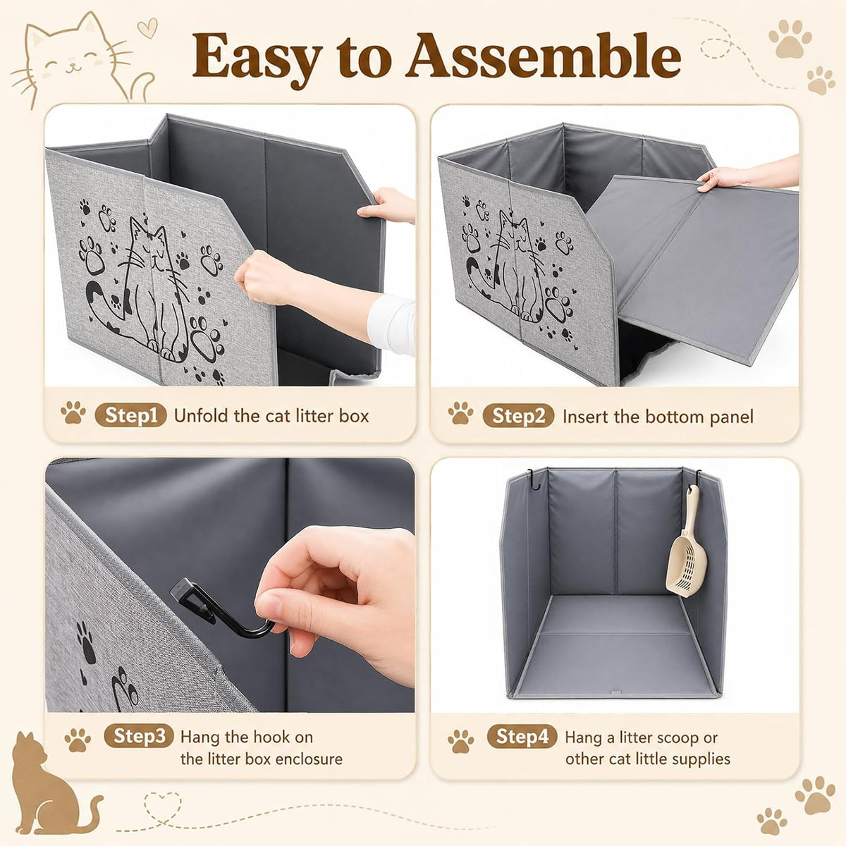 Lawei Waterproof Cat Litter Box Enclosure Splash Guard with Removable Mat and 2 Hooks, Foldable Open-Top Litter Box Enclosure with High Sides, Anti-Leakage Kitty Litter Box Cover Shields, 24x16x16 in