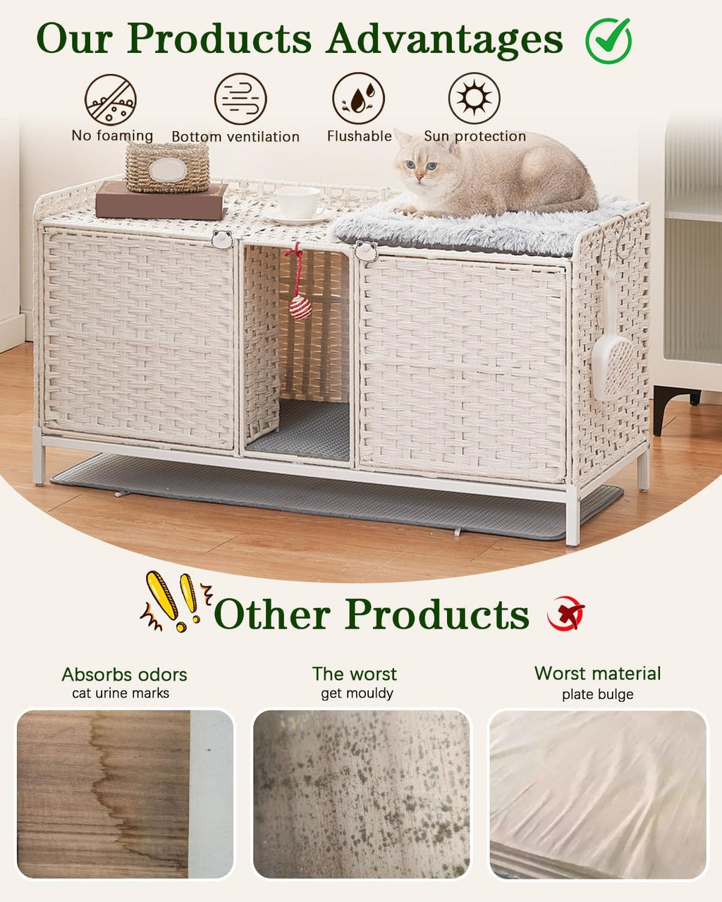 SETVSON Cat Litter Box Enclosure for 2 Cats, PE Rattan Kitty House, White | Handwoven PE Rattan with 2 Absorbent Mats, 3.2-In Heightened Metal Feet, 2 S-Hooks, 47.3 x 19.7 x 24 Inches Cabinet