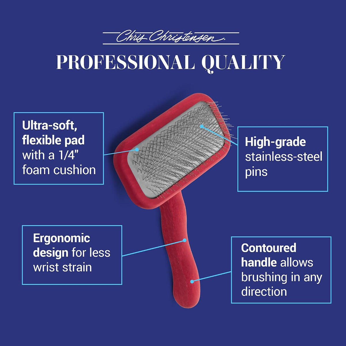 Chris Christensen Mark II Slicker Brush, Groom Like a Professional, Stainless Steel Pins, Lightweight Beech Wood Body, Ground and Polished Tips, Red Small 