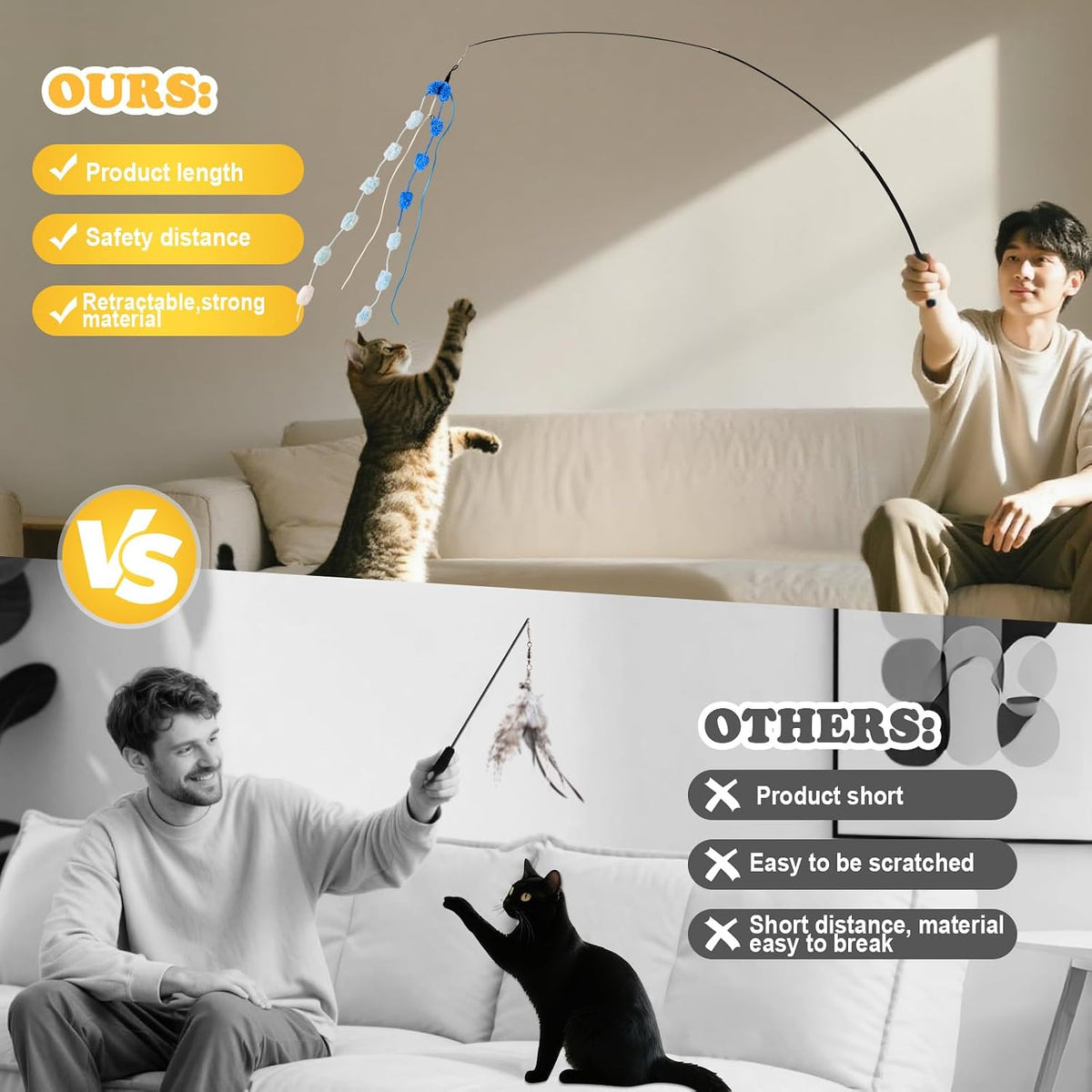 Cat Wand Toy, 9Pcs Retractable Plush Srtip Cat Teaser Wand Toys