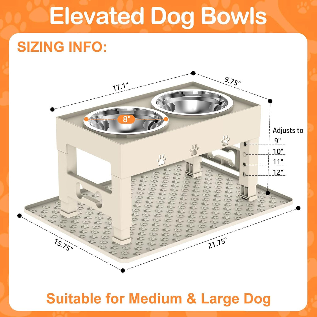 LAKIPETN Elevated Dog Bowls with Mat, Raised Dog Food Bowl Stand with 2 Stainless Steel Bowls, 5 Height Adjustable (3.1", 9", 10", 11", 12") Non-Slip Feeder Set for Medium and Large Dogs – Apricot