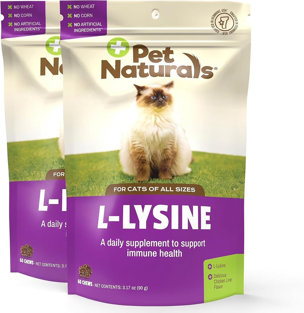 Pet Naturals Lysine for Cats,Chicken Flavor,60 Chews - Immune and Respiratory Support for Cats - No Wheat or Corn - Vet Recommended,(Pack of 2)