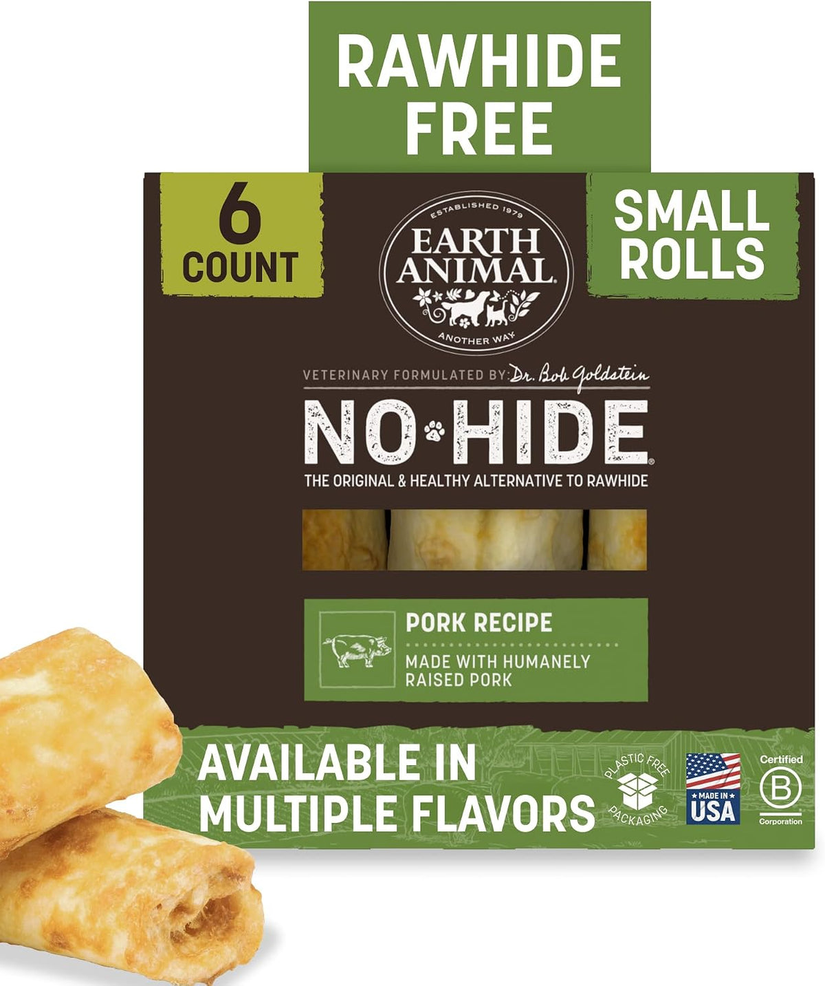 Earth Animal No Hide Dog Chews - Rawhide Free Small Rolls 6 Count Pork