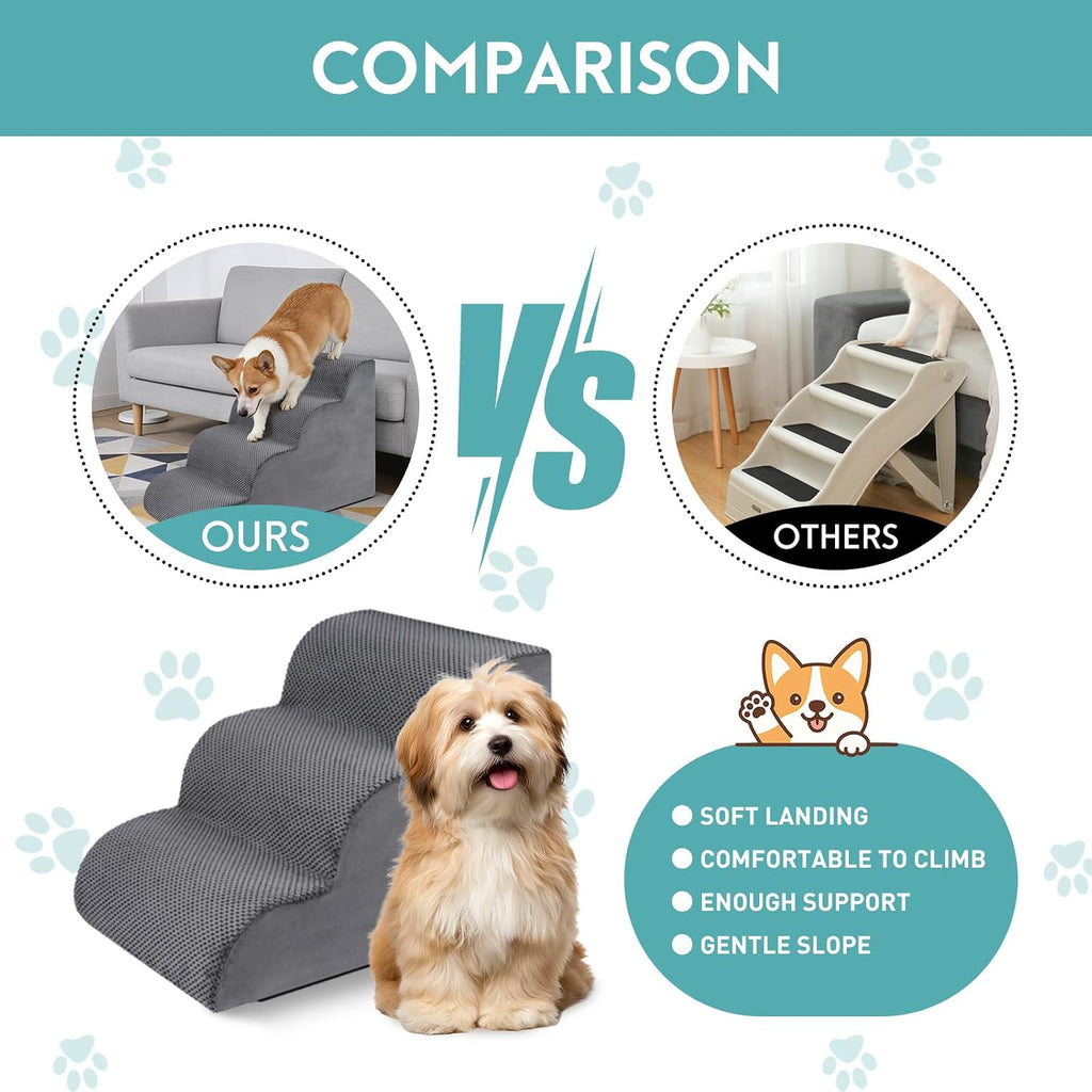 Dog Stairs for Small Dogs 15.7" H, 30D High Density Whole Foam, Corduroy Fabric, Pet Stairs 3-Steps Ramp for Puppy, Older Cat, Non-Slip Bottom Dog Steps for Bed and Couch (Grey, 3-Step)