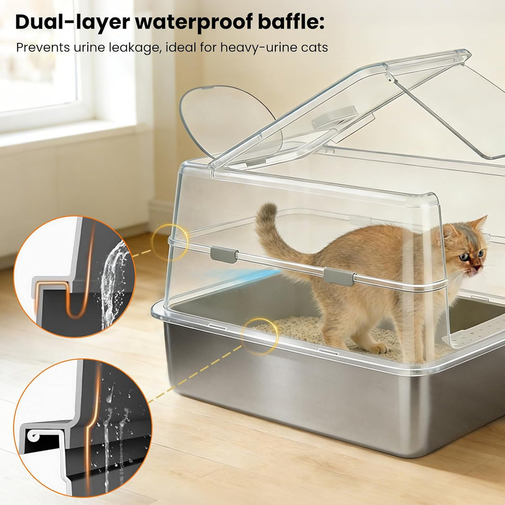 Extra Large Stainless Steel Cat Litter Box with 120° Lid for Multiple Cats, Enclosed Top Entry Litter Box High-Sided Anti-Leak, Dog Proof Litter Boxes with Litter Step & Scoop