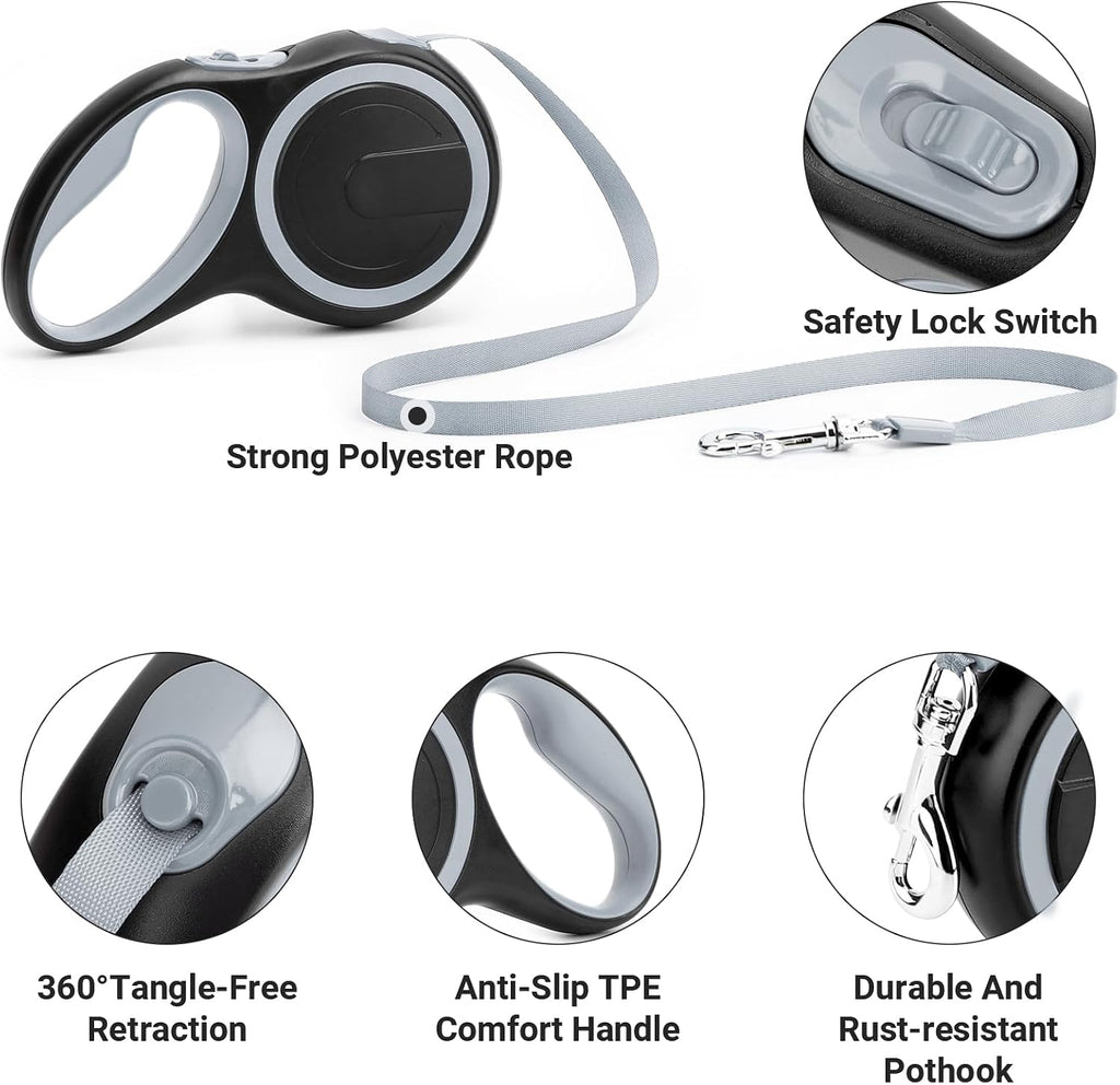Segarty Retractable Dog Leash, 16ft Heavy Duty Walking Dog Leash for Medium Small Dogs up to 44lb, Anti-Slip Handle 360°Tangle-Free Nylon Tape, One-Handed One Button Lock and Release (Gray)