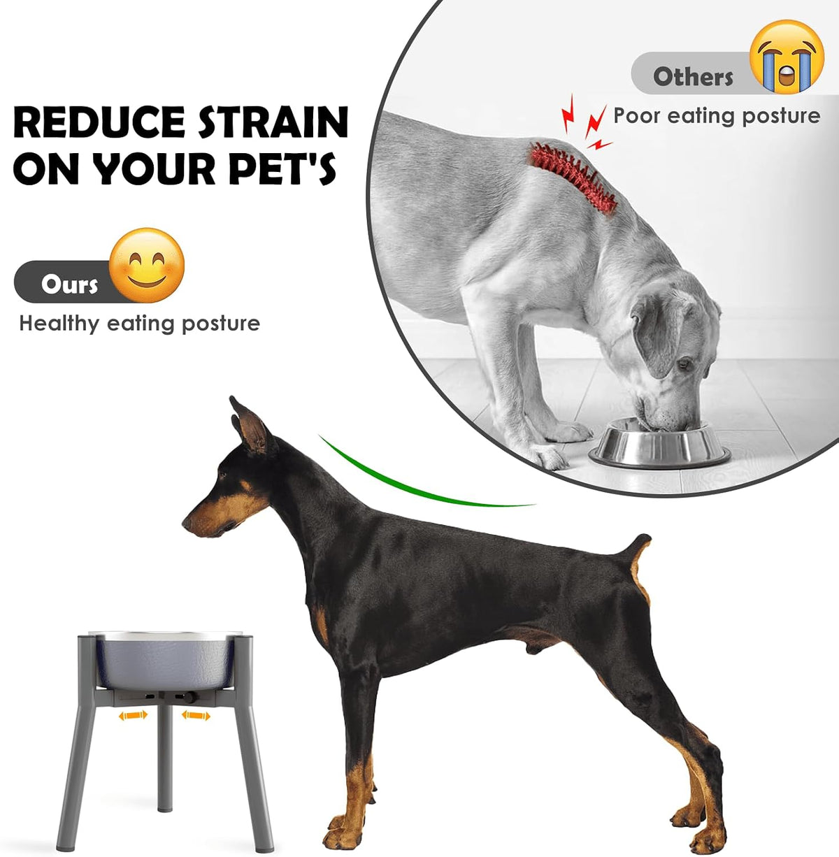 SHAINFUN Grey Metal Stand for Large Dogs, Adjustable Width Tall Elevated Bowls for 7-10.6" Dishes, Food Water Feeder, Raised Holder, 11" Tall (Bowl Not Included)