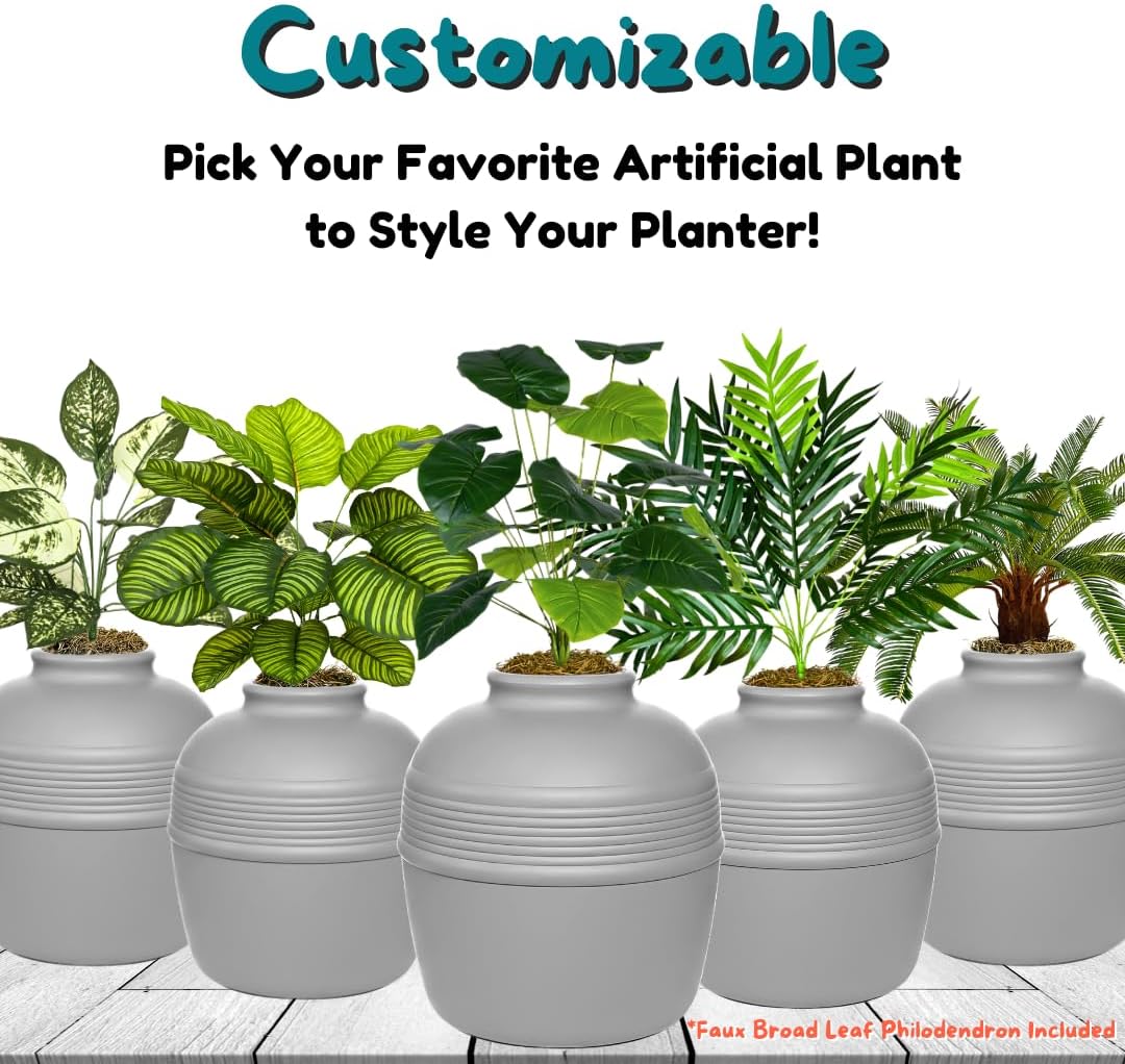 Good Pet Stuff Original Hidden Litter Box Planter, Decorative Cat Litter Enclosure, Carbon Filter, Faux Plant, Round Design, Easy Clean Litter Tray, Essentials Kit, Broad Leaf Plant, Pebble Gray