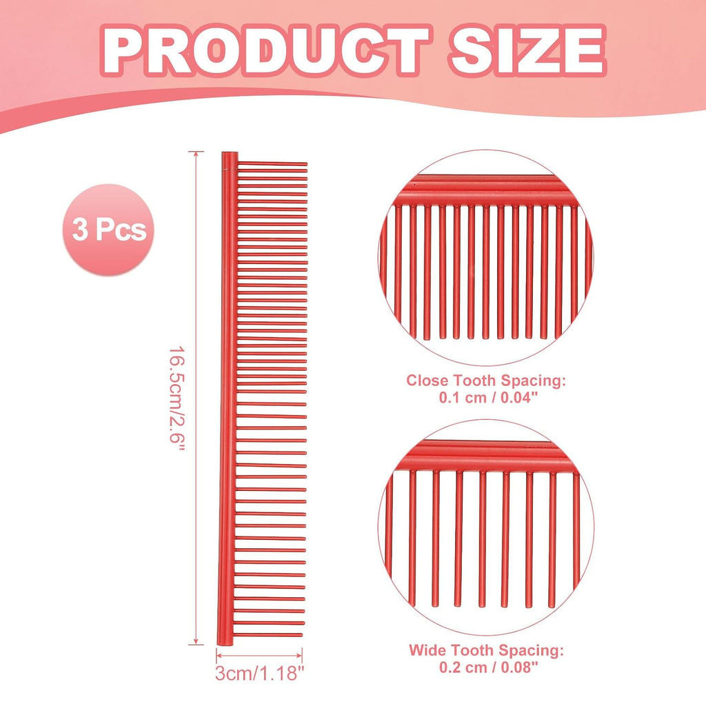 Dog Cat Comb, Pet Combs Stainless Steel Teeth with Rounded Ends for Knots Mats Loose Hair Removal, 6.5IN (Red Coated, 3 Pack), Grooming Tool Intended for Long Curly Hair Pet