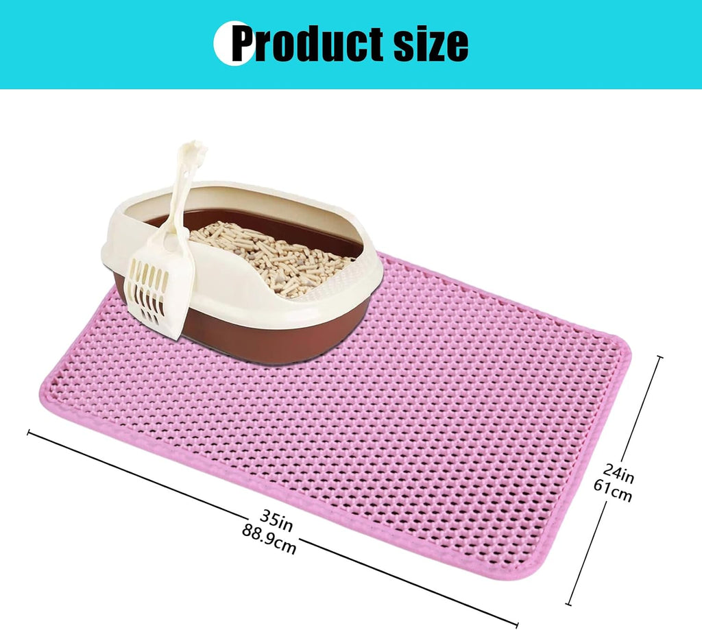 Cat Litter Mat 35"x24", Double Layer Waterproof Litterbox Mat, Pink | Non-slip backing, washable for easy cleanup, traps stray litter with waterproof honeycomb large grid that is urine-proof.