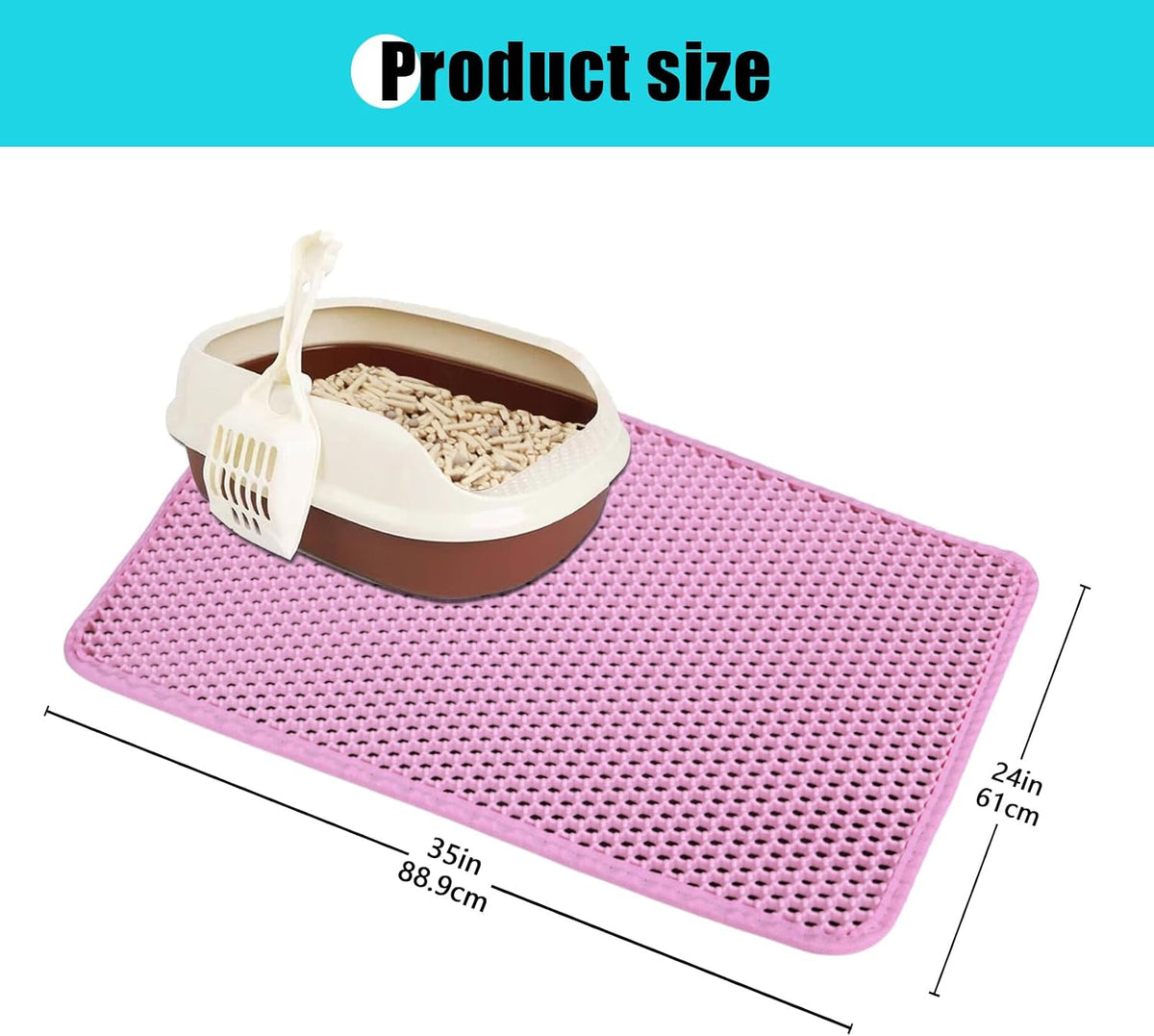 Cat Litter Mat 35"x24", Double Layer Waterproof Litterbox Mat, Pink | Non-slip backing, washable for easy cleanup, traps stray litter with waterproof honeycomb large grid that is urine-proof.