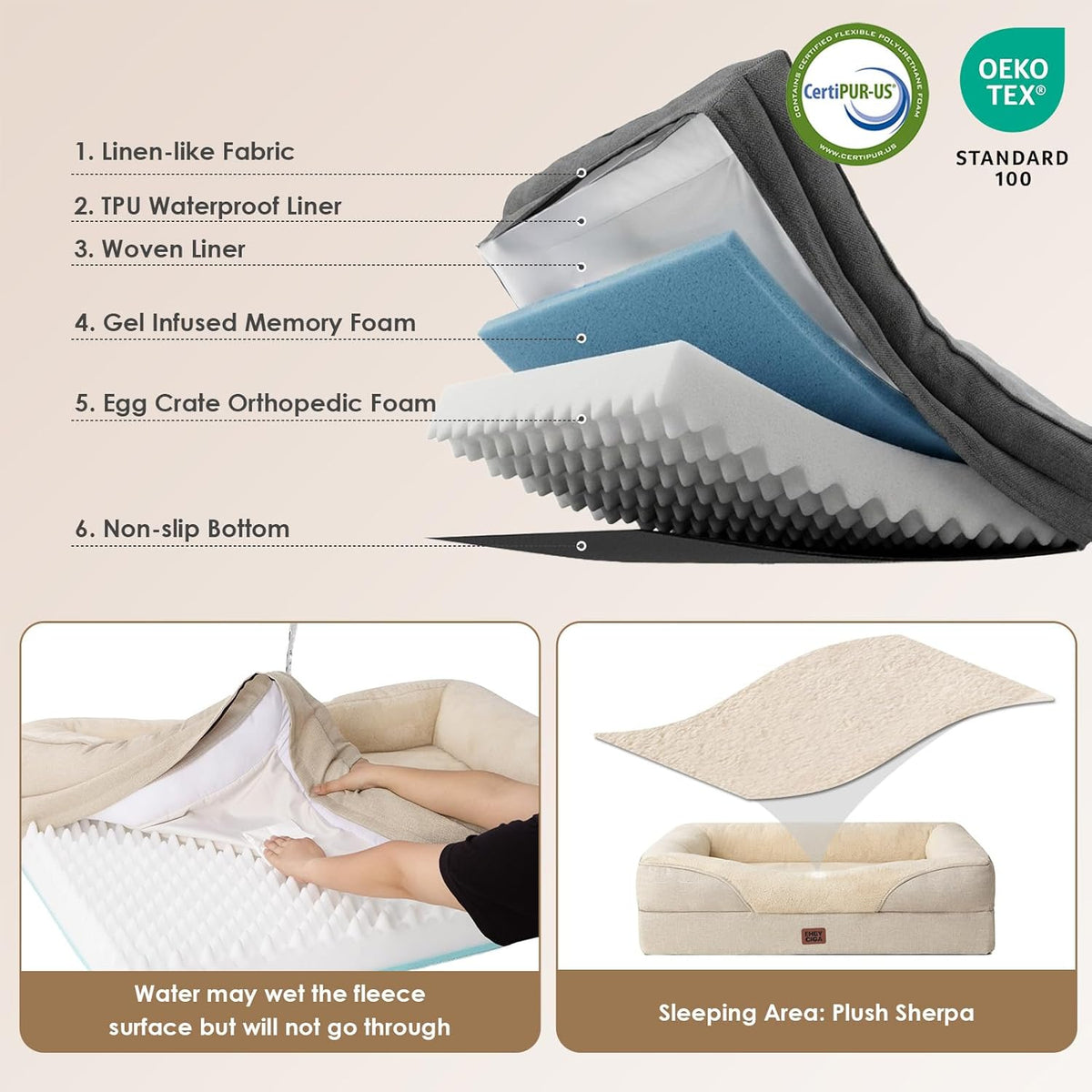 EHEYCIGA Orthopedic Dog Bed for Medium Dog, Memory Foam Dog Couch, Beige