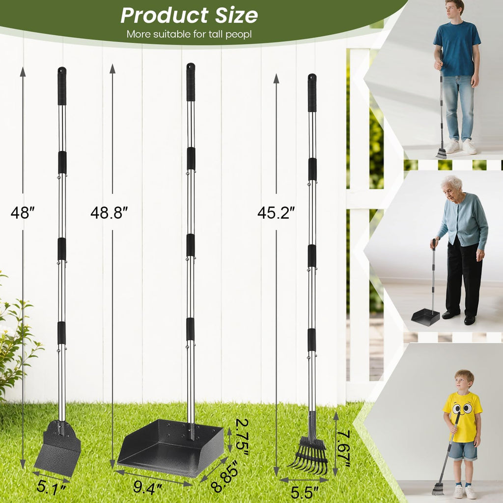 T2Y Pooper Scooper for Large Dogs, Rake & Spade & Extra Large Tray Set | 48" Tall No-Bend | 9.4'' Large Tray | Stainless Steel | Adjustable | Works on Grass, Gravel & Dirt | Easy to Install