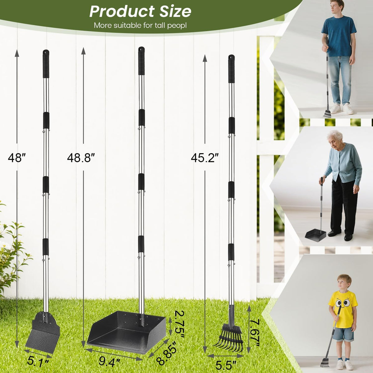 T2Y Pooper Scooper for Large Dogs, Rake & Spade & Extra Large Tray Set | 48" Tall No-Bend | 9.4'' Large Tray | Stainless Steel | Adjustable | Works on Grass, Gravel & Dirt | Easy to Install