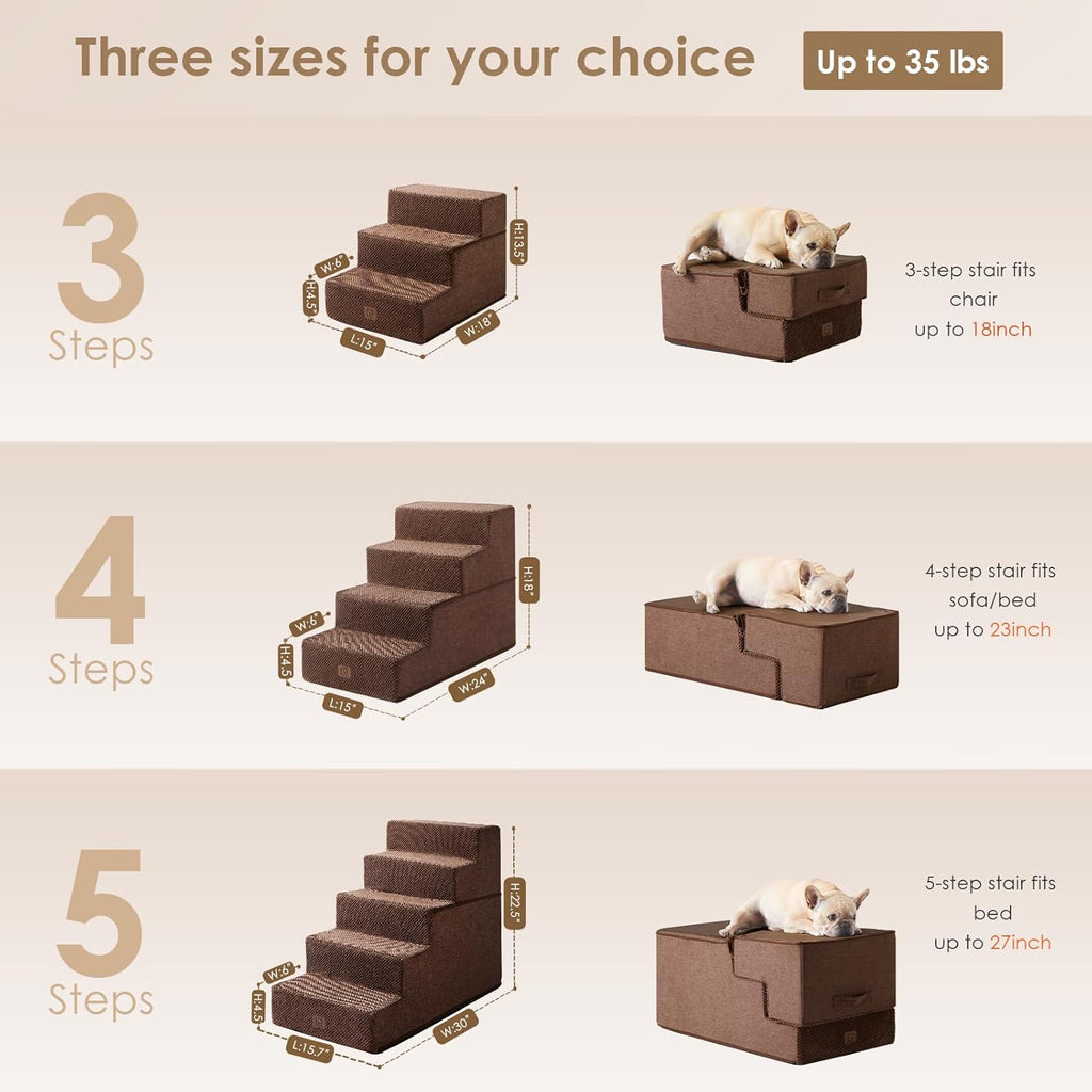 EHEYCIGA Dog Stairs for Small Dogs 13.5" H, 3-Step Dog Steps for Cats, Brown