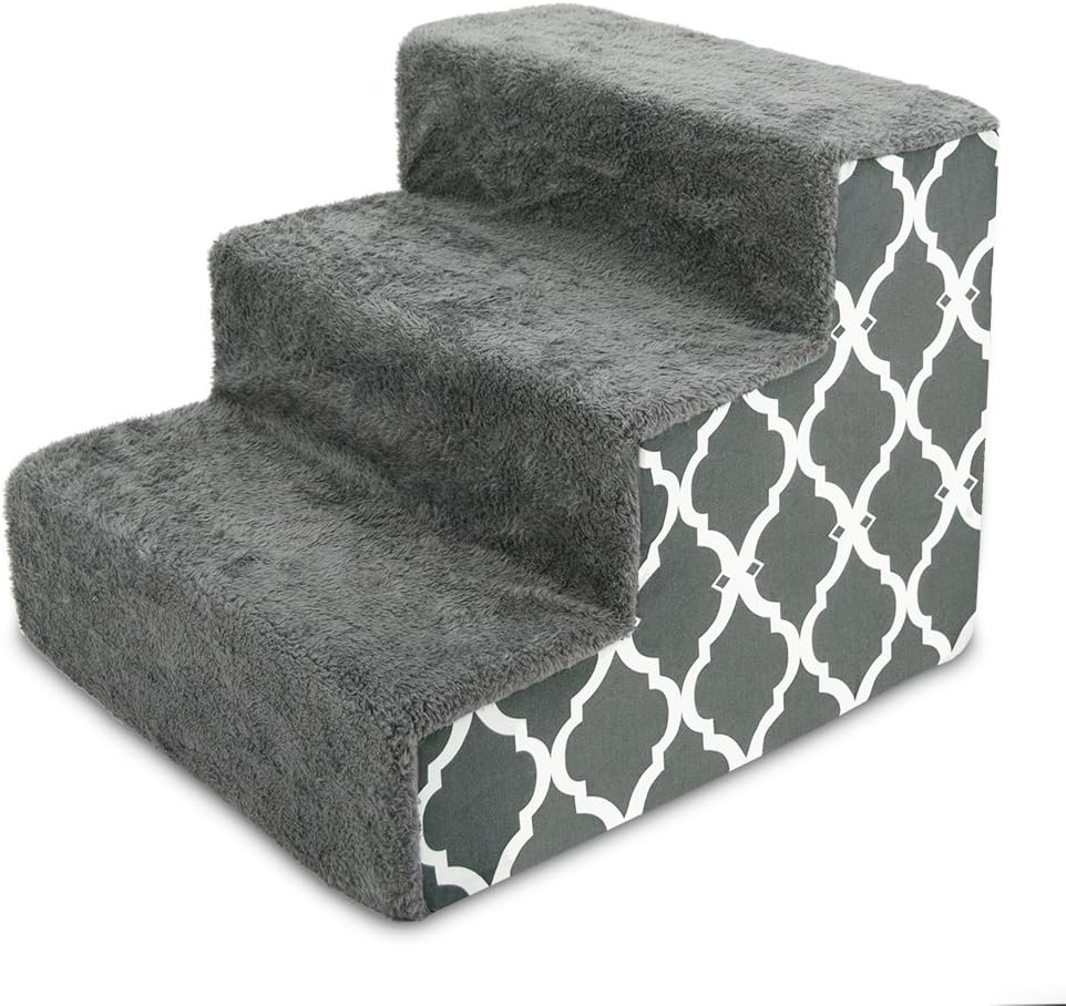 Best Pet Supplies Dog Stairs & Steps - Foam Steps for Small Dogs & Cats, Non-Slip Indoor Balanced Pet Step Support, Dog Ramp, No Assembly, Gray Lattice Print, 3-Step (13.5-inch Height)