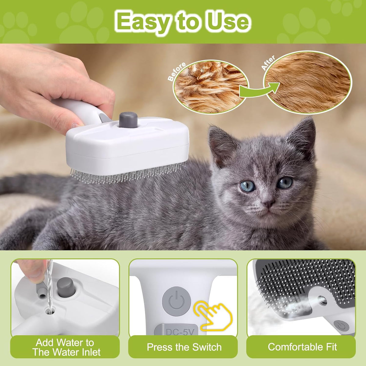 Pet Steam Brush, 3-in-1 Dog & Cat Grooming Comb for Pet Hair Removal