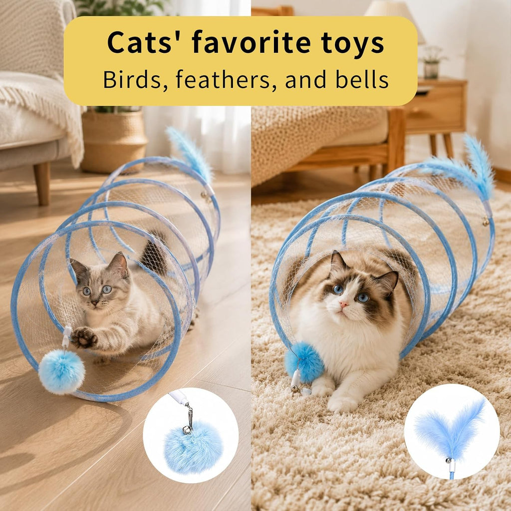 TOYMIS 2pcs Folded Cat Tunnel Spring (Striped Orange and Blue)