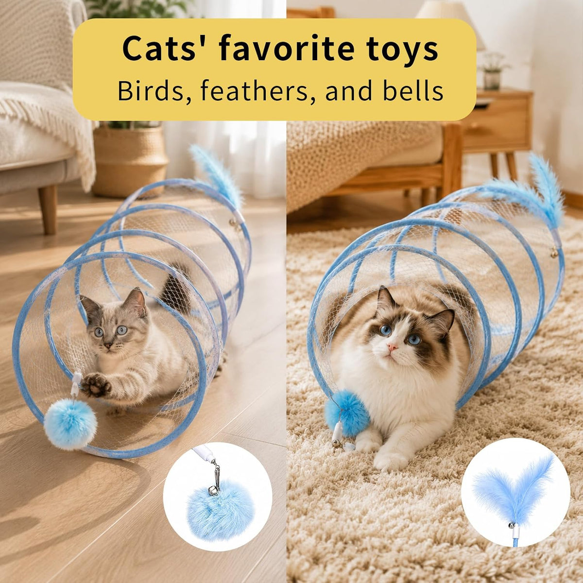 TOYMIS 2pcs Folded Cat Tunnel Spring (Striped Orange and Blue)