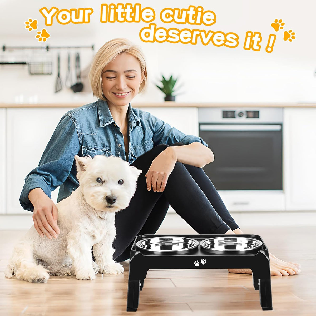 COMESOON Elevated Dog Bowls for Small Medium Dogs, 3 Height Adjustable Raised Stand with 2 Thick 6" Stainless Steel Food Bowls, Non-Slip Feeder Adjusts to 2.75", 6", 7.5", Black